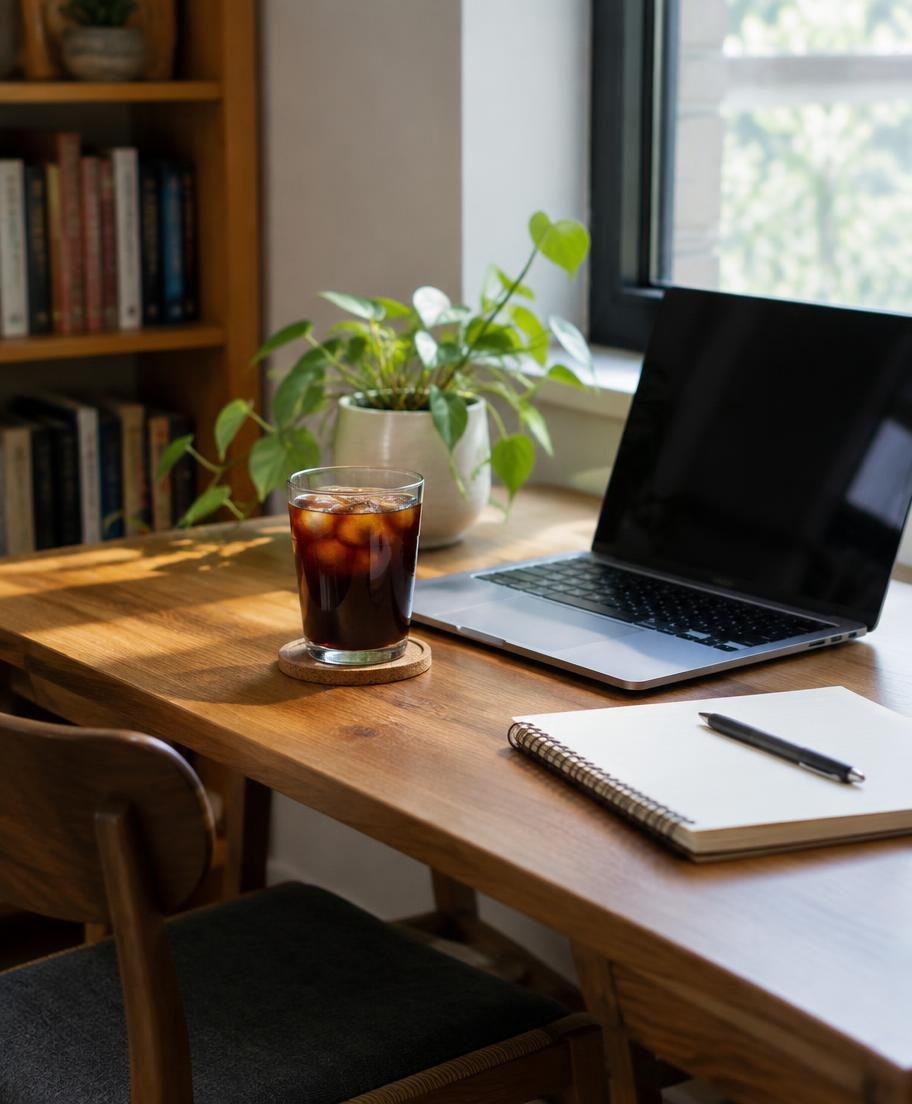 Arbeitsplatz mit einem Glas Unimate