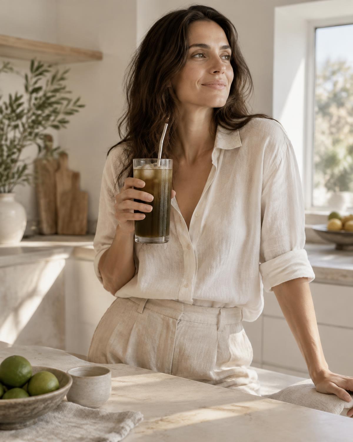 Frau am Morgen in einer hellen Küche mit einem Glas Unimate